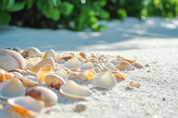 Fototapeta premium Seashells scattered on sandy beach with ocean waves in the background.
