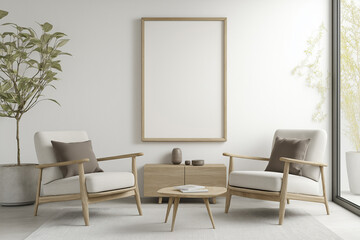 Scandinavian Modern Living Room Featuring Armchairs and Large Framed Art