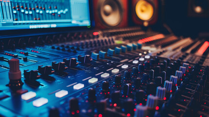 audio mixing console in recording studio