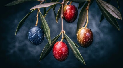 Obraz premium Close up view of ripe olives hanging on the tree showcasing nature s abundant harvest and beauty