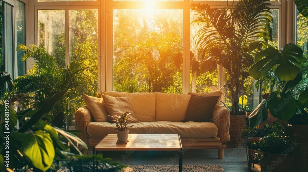 Poster Sunlit living room with couch and plants.