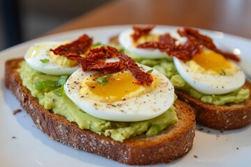 Healthy avocado toast with fried eggs and sun-dried tomatoes served on a plate.