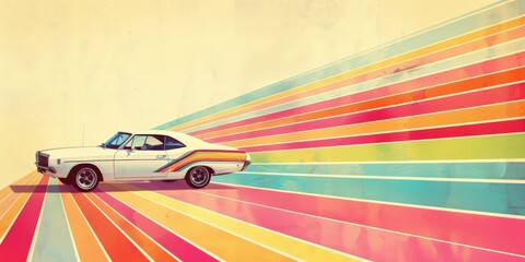 Vintage car with dynamic rainbow streaks in a colorful abstract background