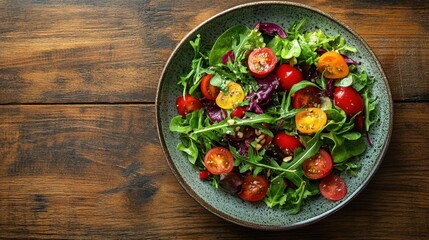 colorful mixed salad plate on wood, ethical eating banner with space for text