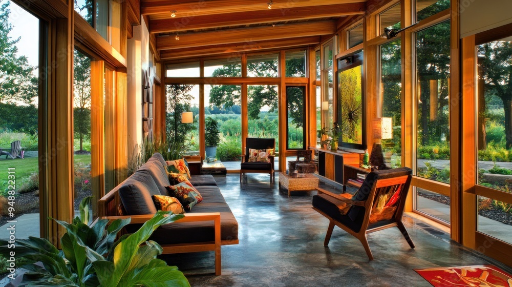 Sticker Modern living room with large windows overlooking a garden.