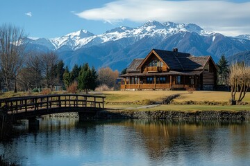 Fototapeta premium Wooden Cabin with Bridge and Mountains in the Background