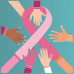 Obraz premium Multiple hands of different sizes and genders coming together to form a pink ribbon