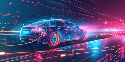 Futuristic car with glowing neon wheels on a high-tech road with speed trails and copy space

