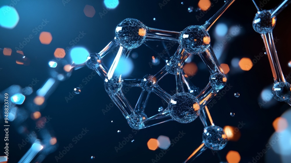 Sticker A 3D  of a molecular structure with glowing crystalline elements, symbolizing interconnectedness, scientific discovery, innovation, complexity, and the beauty of nature.