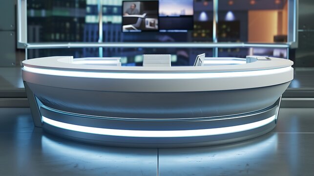An empty curved news desk with sleek news studio with screen - Powered by Adobe