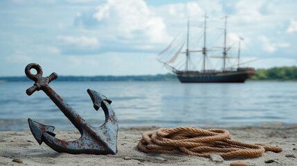 Rusty anchor on the beach with a sailing ship blurred in the background