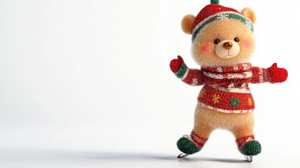 Fototapeta premium Adorable teddy bear wearing cozy sweater and hat, ice skating on white background. Perfect for holiday and winter-themed designs.