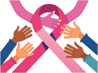 Obraz premium Multiple hands of different sizes and genders coming together to form a pink ribbon