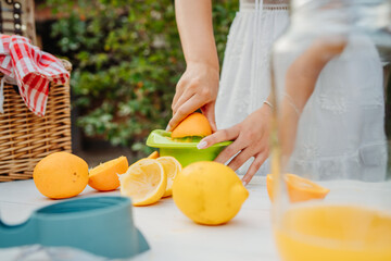 Close up of woman's hands using hand juicer for orange and lemon 