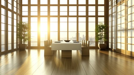 Modern minimalist dining room with large windows and wooden floor.