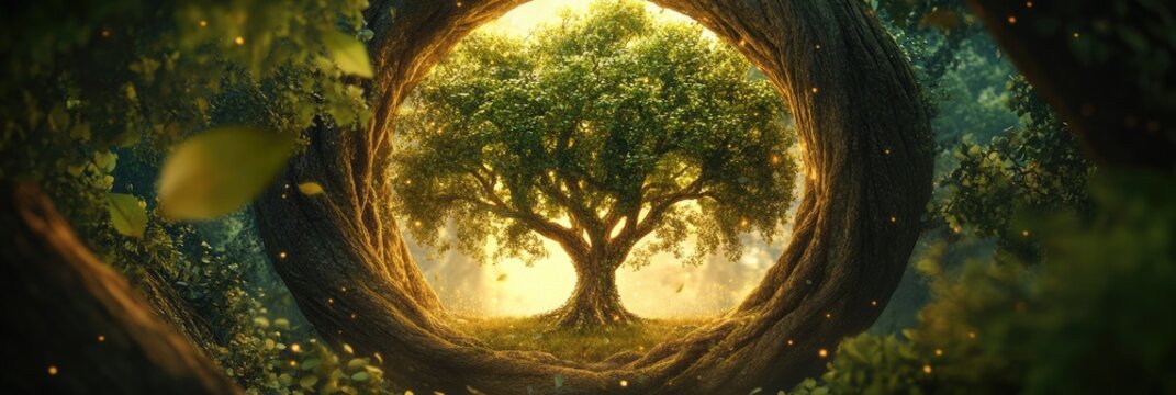 Celtic Design Circle 3D. Tree of Life and Divine Tree in Heavenly Forest - 3D Illustration