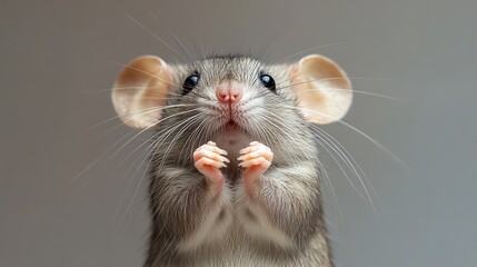 Close-up of a curious grey mouse with pink paws