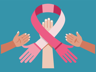 Obraz premium Multiple hands of different sizes and genders coming together to form a pink ribbon