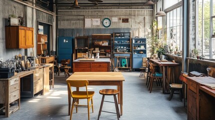 Fototapeta premium Industrial style interior design with wood furniture and a vintage clock.