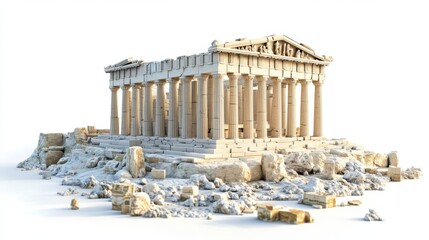 Ancient Parthenon temple ruins in Athens, Greece with detailed columns and fallen stones against a white background.