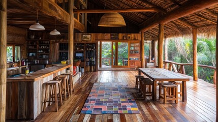 Fototapeta premium Rustic wooden interior with a view of the jungle.