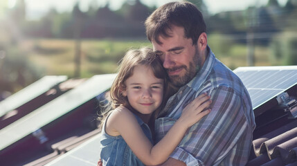 Obraz premium father with girl on roof with solar panels
