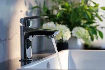 Chrome bathroom faucet with water running into the sink.