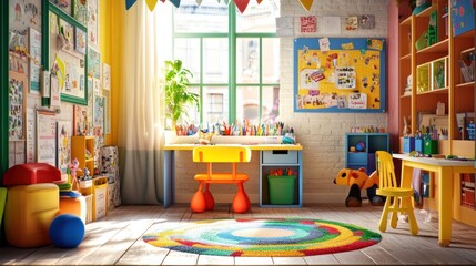 Colorful children's playroom with desk, chair, and toy storage.