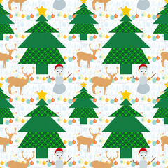Patchwork Christmas trees seamless pattern with reindeer and snowman with Santa hat