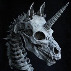 Unicorn Skull. Mythical Creature Dragon Hybrid Skeleton in Black for Halloween