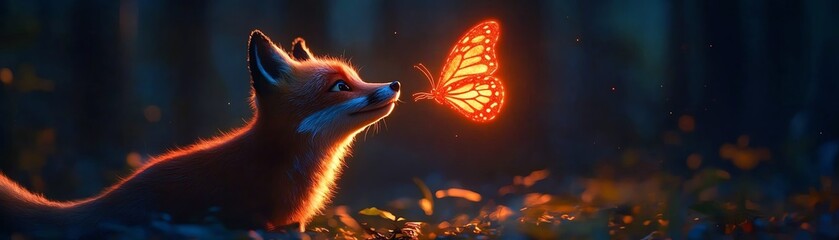 Obraz premium A curious fox interacting with a glowing, holographic butterfly in a lush, neon-lit forest, showcasing a blend of vibrant colors, photorealistic style, eye-level perspective