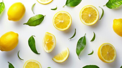 Juicy ripe flying yellow lemons, green leaves on light gray background. Creative food concept. Tropical organic fruit citrus vitamin C. Lemon slices Summer minimalistic bright fruit background Pattern