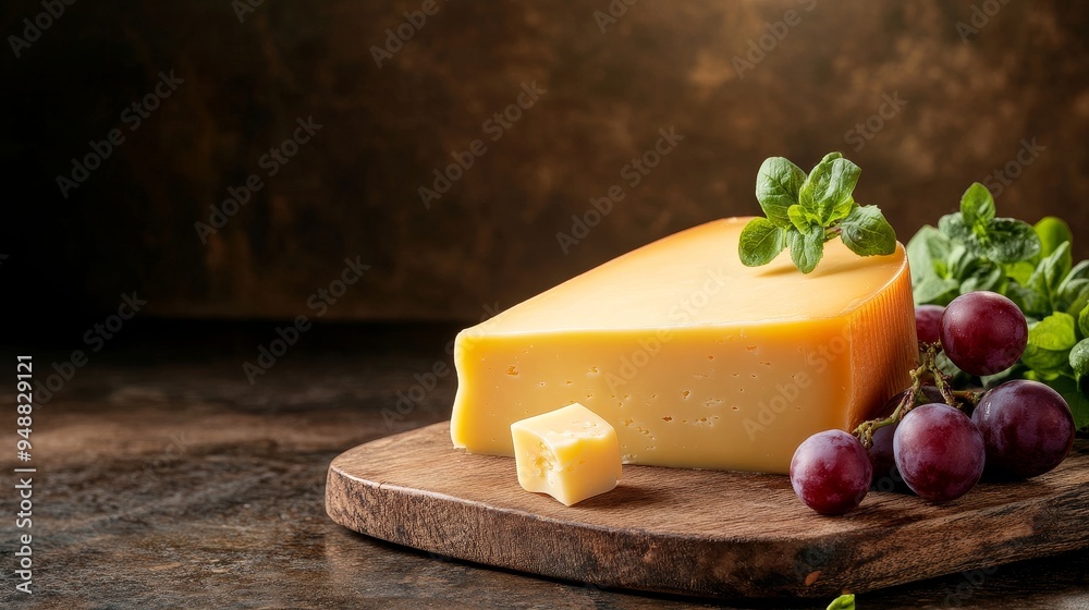 Poster A close-up of a creamy Dutch gouda cheese slice on a rustic wooden board, accompanied by a cluster of grapes and a sprig of fresh herbs. The cheese's smooth, golden surface and the rich brown tones of