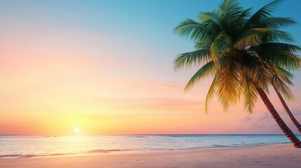 Breathtaking Tropical Beach Scene with Swaying Palm Trees and Mesmerizing Sunset