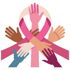 Obraz premium Multiple hands of different sizes and genders coming together to form a pink ribbon