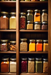 vibrant pantry shelves filled colorful food items including canned grains organized display, spices, snacks, goods, storage, containers, bottles, produce