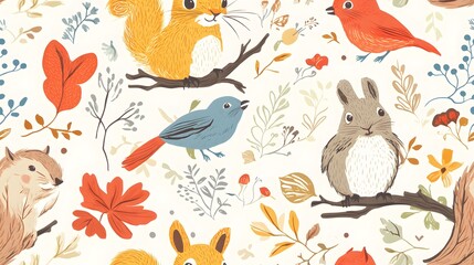 Seamless wallpaper with cute woodland critters like bunnies, squirrels, and birds in a bright, nature-