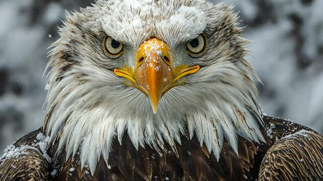 Majestic bald eagle perched in snowy landscape showcasing fierce gaze and detailed feathers during winter