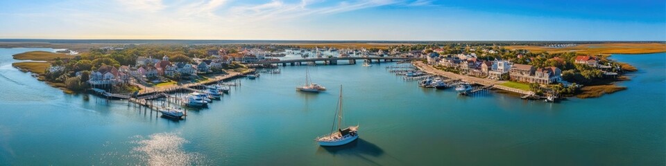 Fototapeta premium Beaufort South Carolina Aerial Panorama: Overhead View of Town, Marina, and Bridge