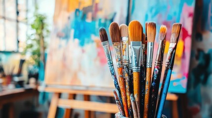 Fototapeta premium Paintbrushes Close-up on an Easel.
