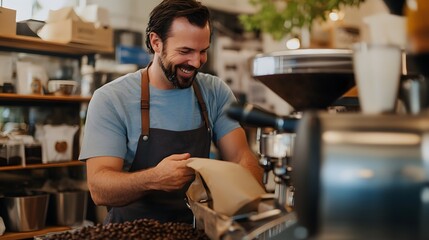 Small businesses. A cheerful barista prepares freshly roasted coffee beans in a cozy caf√© setting, showcasing a warm atmosphere and passion for his craft. 