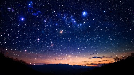 Starry Night Sky with Silhouetted Mountains and Sunset Horizon