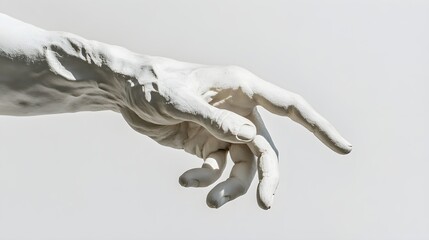 Detailed close-up of a sculpted hand reaching out, showcasing intricate textures and shadows against a light solid color background