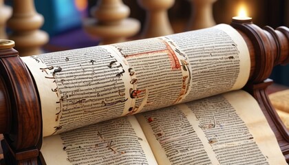 Fototapeta premium A vivid depiction of a Torah scroll being read in a synagogue, with emphasis on the sacred text and the ritualistic aspects of Jewish worship, Generative AI