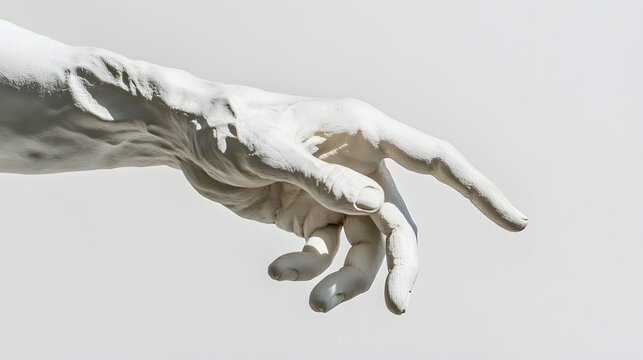 Detailed close-up of a sculpted hand reaching out, showcasing intricate textures and shadows against a light solid color background