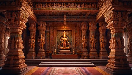 An image of a Hindu temple�s ornate interior with colorful deities and intricate carvings, showcasing the vibrant and sacred atmosphere of worship, Generative AI