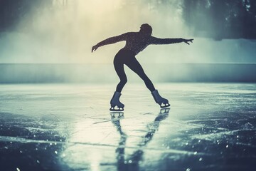 Naklejka premium Silhouette of a Figure Ice Skating on a Frozen Lake