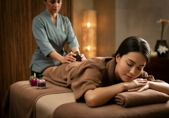 Obraz premium A masseuse massages a client. Heated back massage. Massage salon.