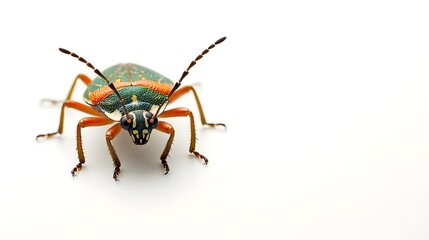 Fototapeta premium Stink bug insect on a pure white background -. A close-up shot of a vibrant and detailed insect, showcasing its unique colors and features against a clean background. 
