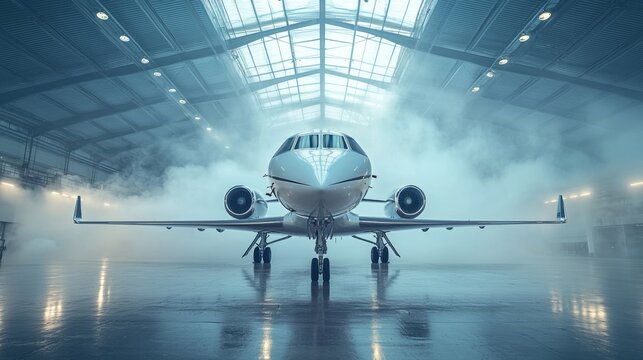 Private jet airplane at the huge white hangar waiting for maintenance and repair jobs. Expensive and luxury trip is waiting after a passengers. Business jet prepared for departure. Luxury life